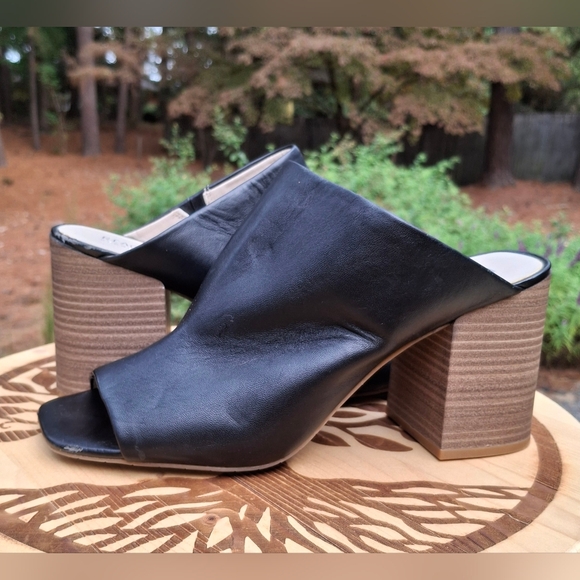 Kenneth Cole Reaction Top Notch Black Leather Peep Toe Stacked Heel Mules **READ - Picture 11 of 11